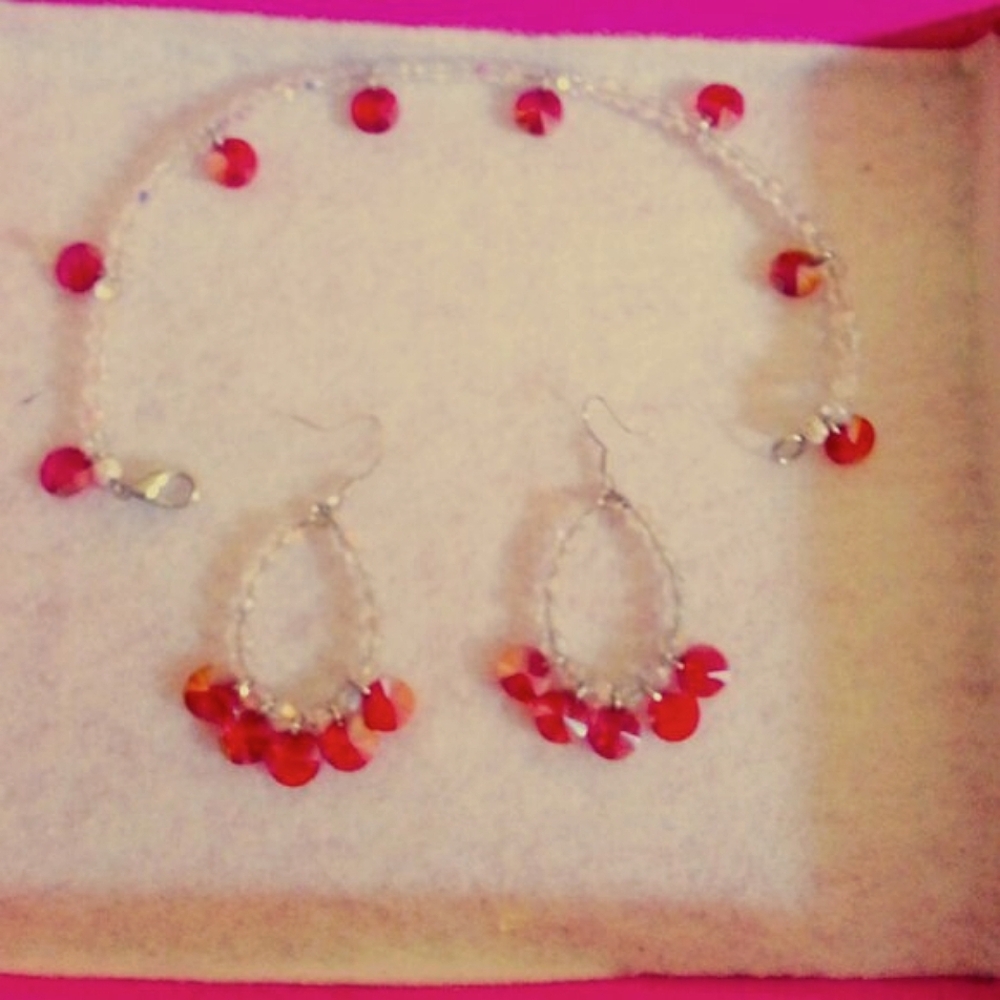 Swarovski Crystal Hand-Made Earring and Bracelet set Cherry Red and White